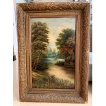 A 19th century oil on board depicting a river landscape,