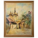 Eastern European School (20th century): Street scene, possibly Dubrovnik, oil on canvas,