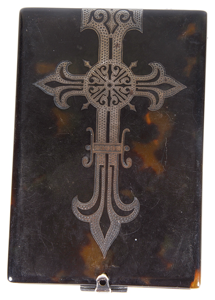 A 19th Century Tortoiseshell Card Case: Thick cut tortoiseshell case inlaid with ornate silver