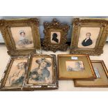 A quantity of small pictures, 18th/19th century, to inc a pair of watercolour portraits, silhouette,