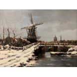 Jan van Couver (19th/20th century): A winter river landscape with windmill & distant church beyond,