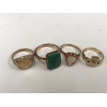 Four 9ct rings to inc Cladagh, cameo,