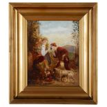 A 19th century oil on panel depicting figures & animals in a landscape setting,