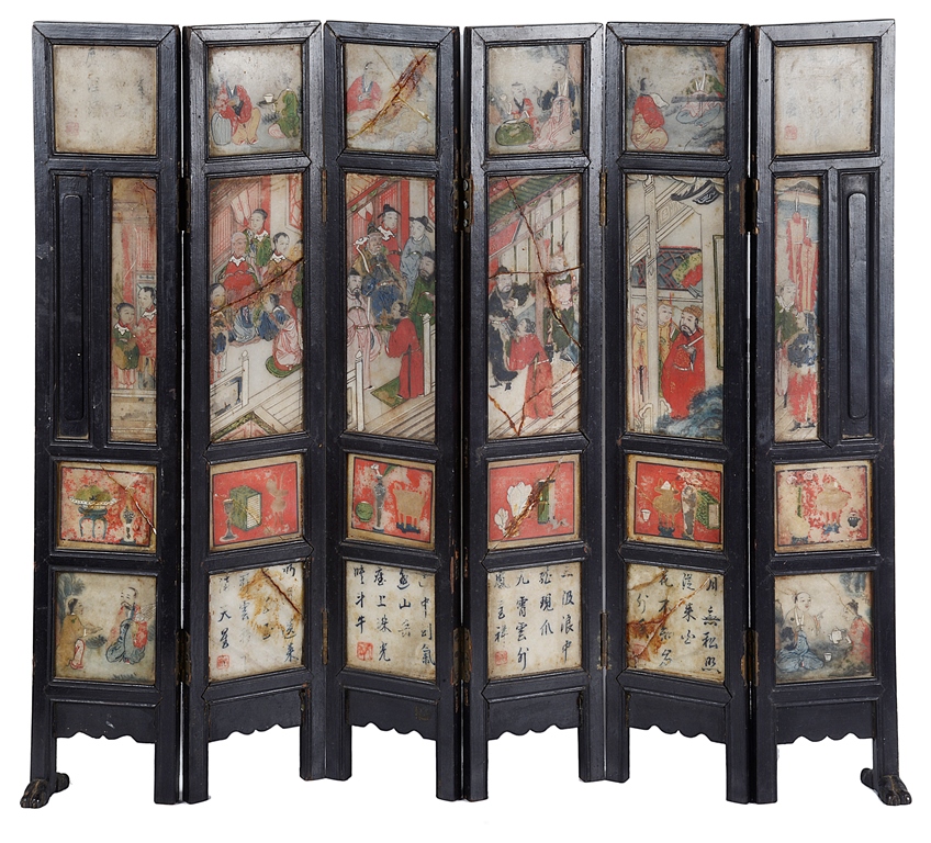 A Chinese 6-fold table screen 18th century Richly embellished with painted soapstone panels