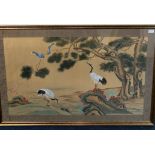 A Chinese watercolour depicting cranes in a traditional river landscape setting,