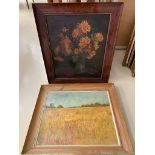 Two signed oils depicting a floral still life and cornfield, each approx.