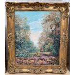 An oil on canvas depicting a wooded landscape with castle beyond, signed,