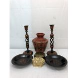 A quantity of Middle Eastern painted wood wares to inc candlesticks, bowls,