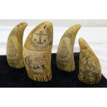 Four resin scrimshaw whales teeth,