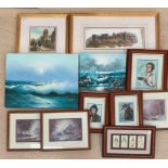 A quantity of pictures to inc two original seascape oils, pen/ink studies of Heidelberg,