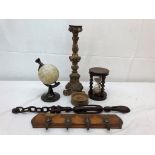 Treen odds to inc hourglass, Welsh loving spoon, globe,