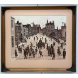 A signed monochrome watercolour depicting a street scene with figures in the manner of L S Lowry,