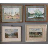 Four landscape watercolours to inc an example after Pissarro, each approx.