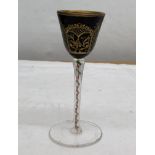 An extremely rare 18th century Italian twist stem cordial glass C1750: the bowl hand gilded with