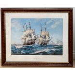 A print of galleons by Roy Cross, hand-signed,