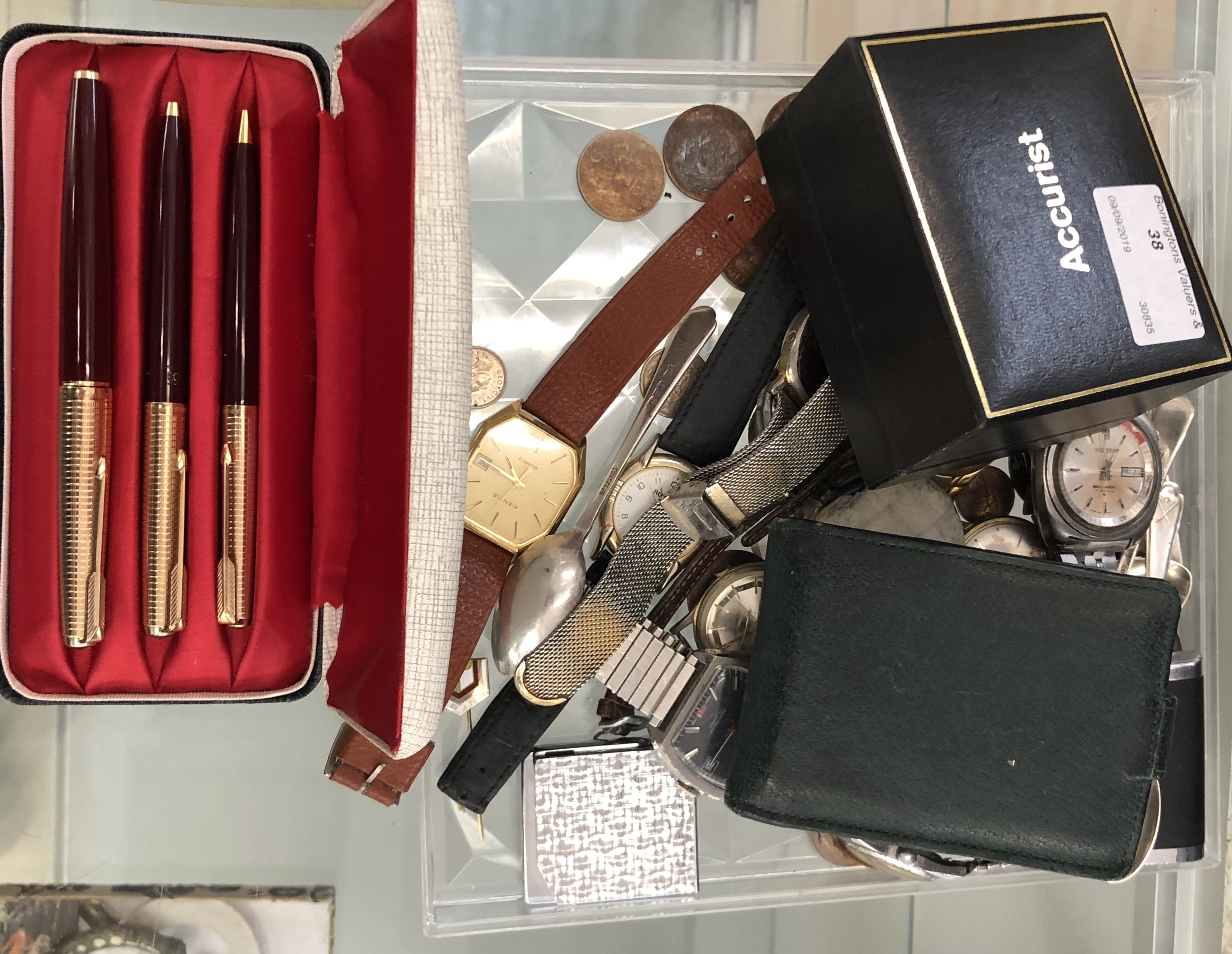 A quantity of watches to inc vintage Seiko; together with a 14k nibbed Parker pen set,