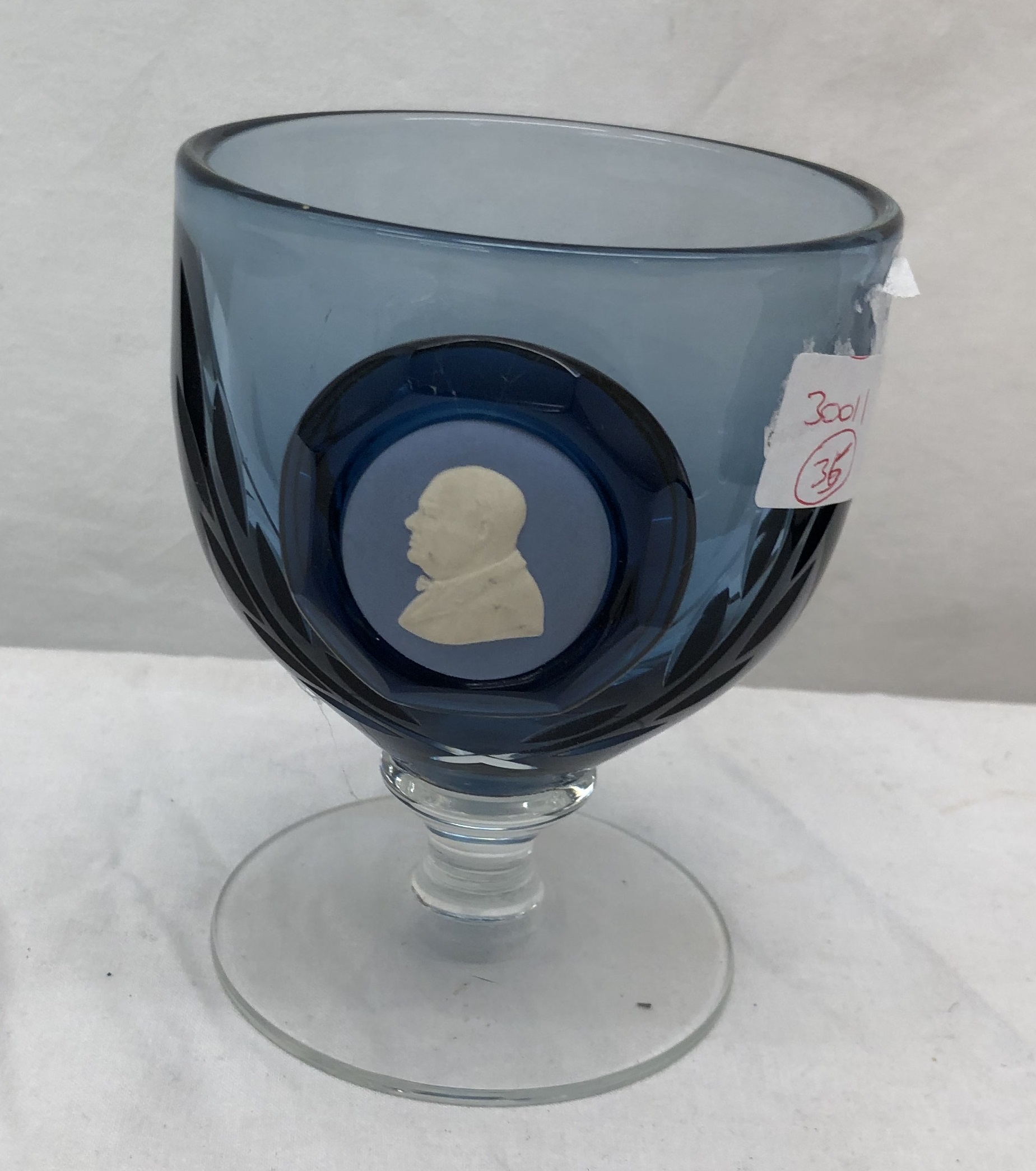 A glass Wedgwood Limited Edition goblet No 22/1000 with a blue cameo of Winston Churchill