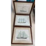 Three framed prints of sailing ships,