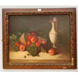 A 19th century oil on canvas depicting a still life with fruit and jug,