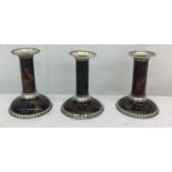 Three HM silver Victorian tortoiseshell piano candlesticks by W Comyns 1890