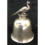 An Edwardian HM silver peacock on crown finialled bell: very heavy quality casting with bell,