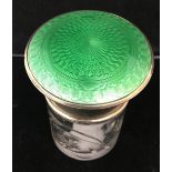 A HM silver green guilloche enamelled lidded jar: Birmingham 1928