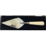 A cased HM silver and ivory handled presentation trowel to "Lady Huntingfield to commemorate the