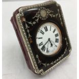 A silver and tortoiseshell travel clock case and clock: Birmingham 1914