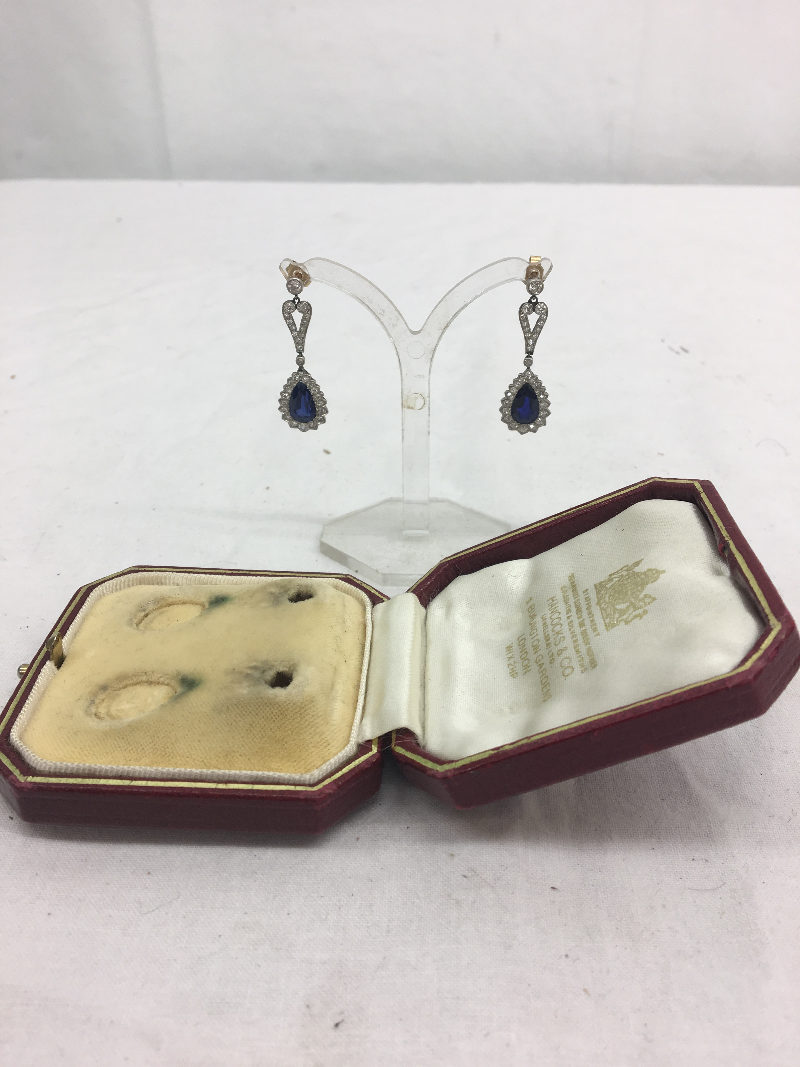 A pair of boxed Edwardian diamond and Kashmir sapphire drop earrings,