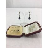 A pair of boxed Edwardian diamond and Kashmir sapphire drop earrings,