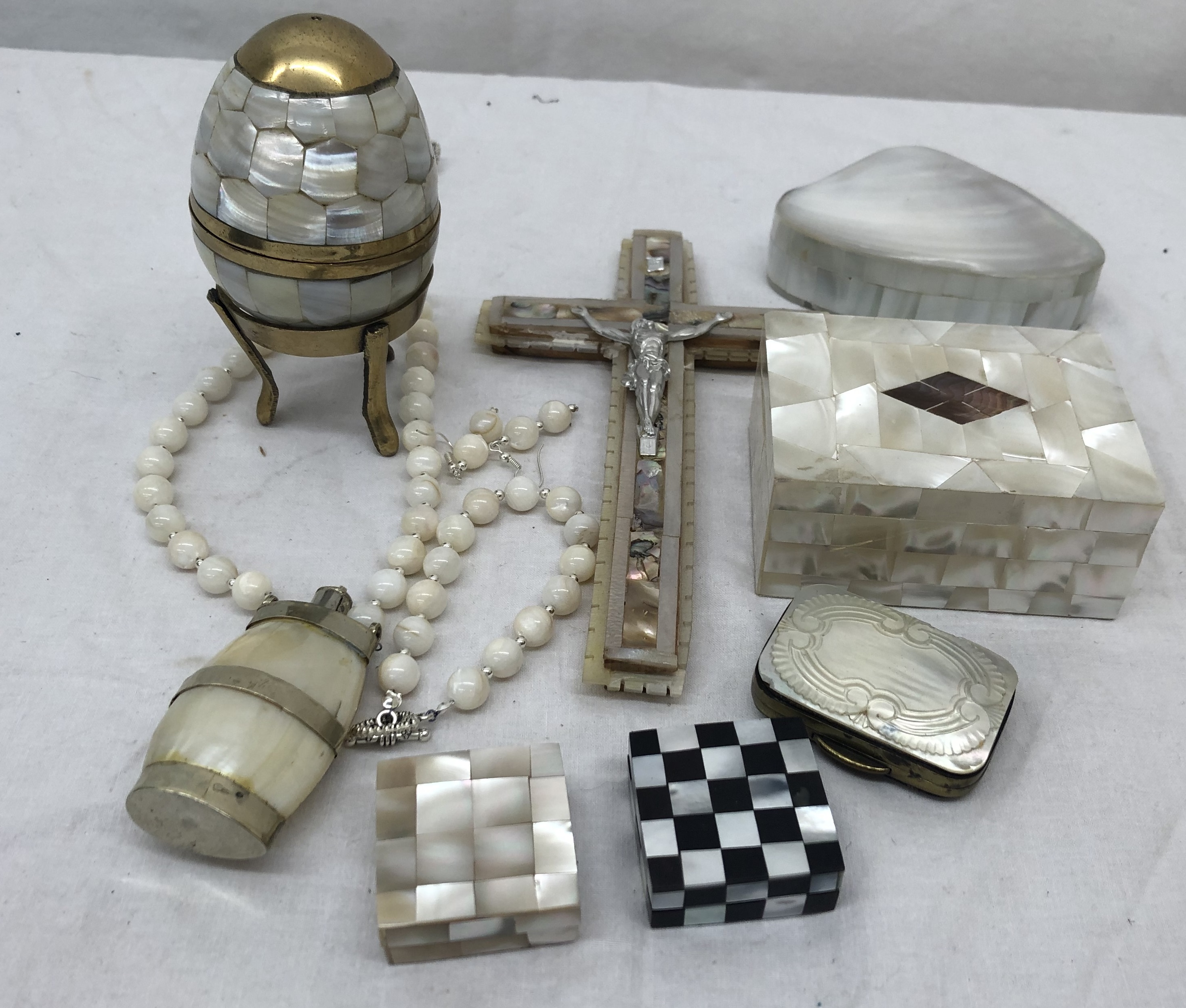 A number of mother-of-pearl items to inc crucifix, necklace, boxes,