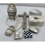 A number of mother-of-pearl items to inc crucifix, necklace, boxes,