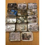 Tins of World and GB coins to inc pre-47 silver;