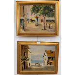 A pair of Impressionist oils on canvas depicting Continental street/coastal scenes,