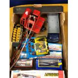 A box of toys to inc a Tri-ang lorry, tinplate crane,