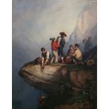 Auguste Delacroix (French, 1809-1868): Figures raising a load up a cliffside, watercolour, signed,