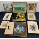 11 pictures to inc a Terence Cuneo hand-signed aviation print and various original watercolours &