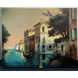 A large oil on canvas depicting a Venetian canal scene, signed,