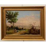 English School (19th century): Figures in a landscape before a panorama featuring Edinburgh,