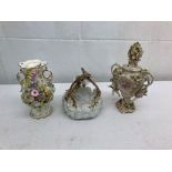 Three 19th century Continental porcelain items to inc a basket with putti and floral designs and