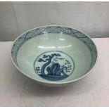 A Chinese blue & white bowl depicting exterior garden scenes