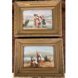 A pair of oil on porcelain panels depicting beach scenes in the manner of William Collins,
