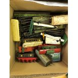 A box of 0 gauge tinplate coaches and wagons etc