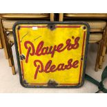 An enamel sign: 'Players Please' on a cast-iron stand