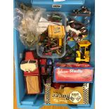 A box of toys to inc a boxed Schuco studio car, spot on lorry, lead figures, monogram midget racer,