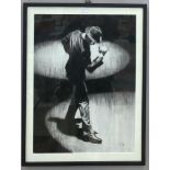 A monochrome chalk study of a man dancing under spotlights,