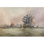 A 19th century watercolour depicting a coastal scene with town, signed with monogram,