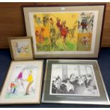Four pictures of illustration/cartoon interest to include a hand-signed Feliks Topolski golfing