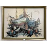 Dockyard study with beached boat, oil on canvas, signed upper right & dated 1975,