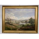 Albert Wells Price (20th century): A panoramic river landscape view with distant church,